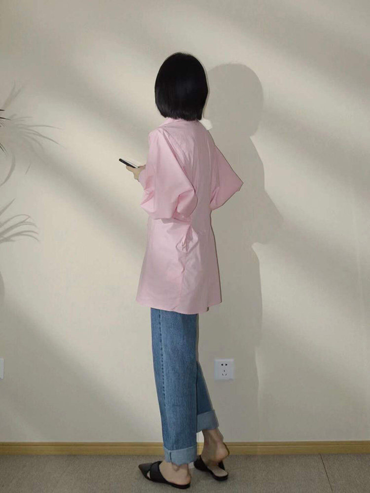 2024 SPRING AND AUTUMN NEW LIGHT PINK LONG SLEEVE SHIRT WOMENS DESIGN SENSE NICHE WAIST SLIM COMMUTING FASHIONABLE SHIRT