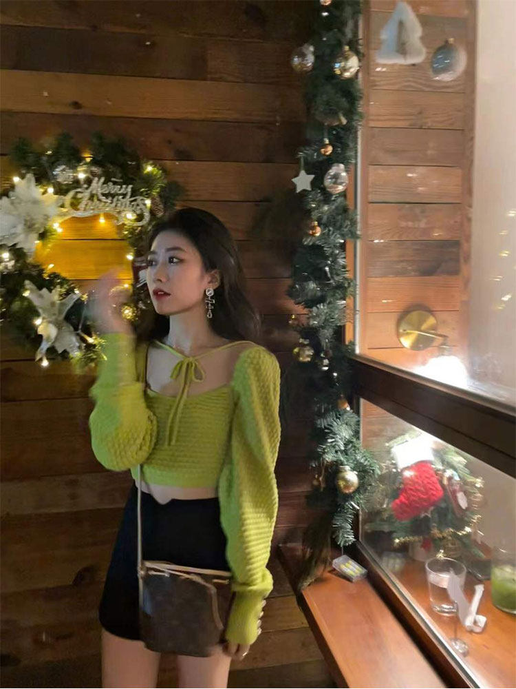 VALUE GREEN HIGH-END TEMPERAMENT LACE-UP CROPPED KNITWEAR WOMENS SLIM SLIM DRAWSTRING LONG-SLEEVED PULLOVER TOP