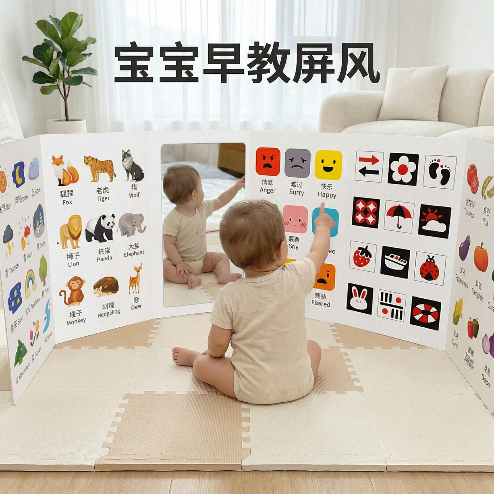 儿童ins韩风立式屏风认知卡婴幼儿围栏启蒙早教双面数字动物玩具