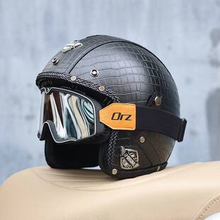 日本araione复古哈雷摩托车头盔男女电动踏板PU皮质半覆式3/4半盔