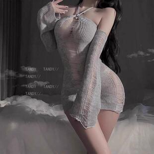 檀吉:慵懒麻花*性感睡衣针织毛衣纯欲挂脖镂空露背诱惑包臀睡裙