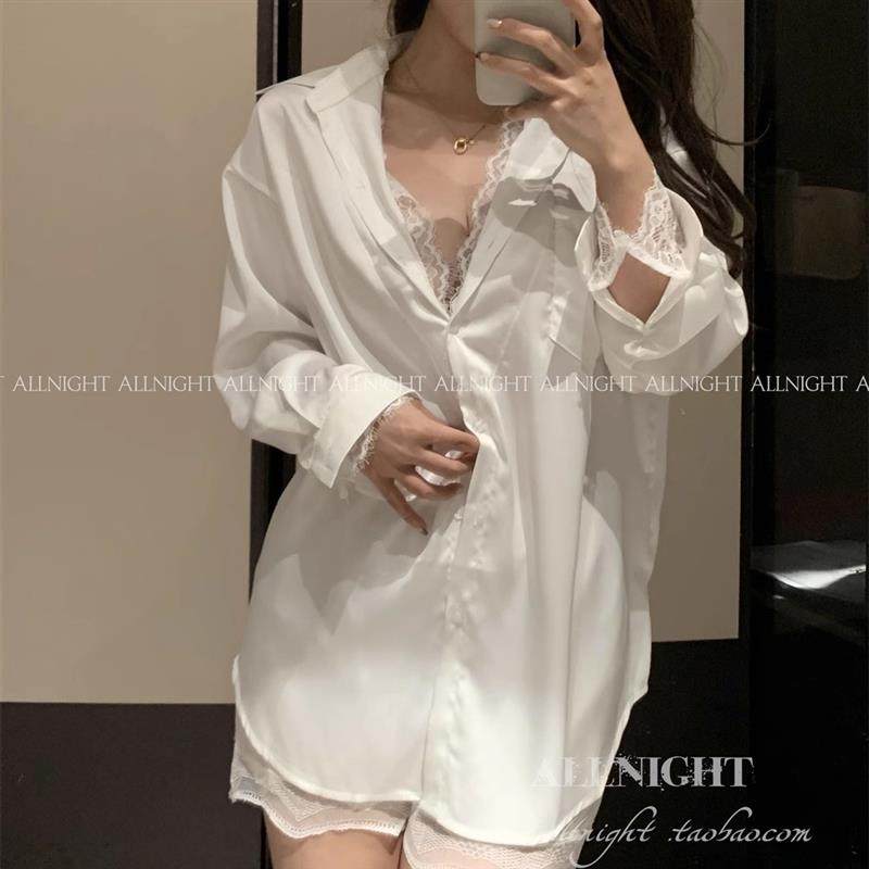 Allnight白夜美人男友风白衬衫性感睡衣女纯欲风家居服两件式套装