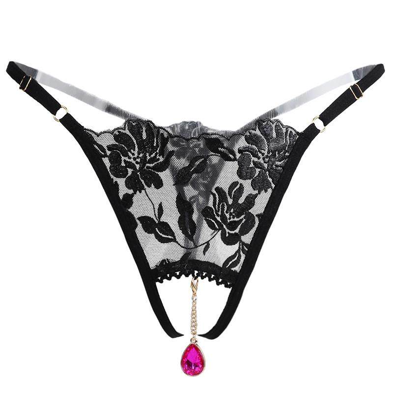 调节扣蕾丝内裤纯欲风彩钻吊坠镂空透视丁字裤女超小低腰t字裤头