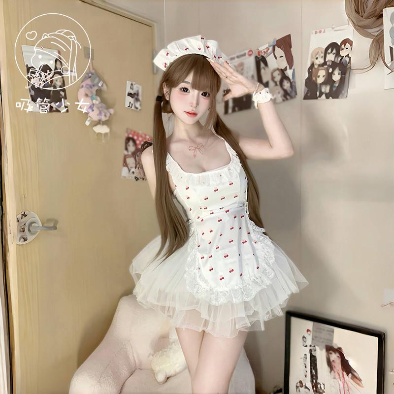 樱桃小女佣*性感纯欲樱桃印花蕾丝花边露臀围裙女仆制服蓬蓬裙