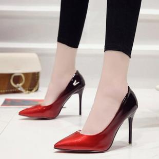 拼色性感浅口伪娘大码单鞋漆皮细跟尖头女装大佬高跟鞋显瘦表演鞋