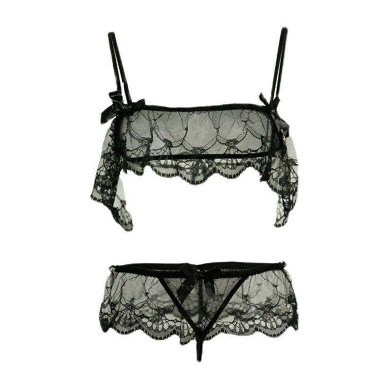 性感蕾丝文胸套装女仆抹胸内衣透视吊带黑丝袜开档内裤情调薄款女