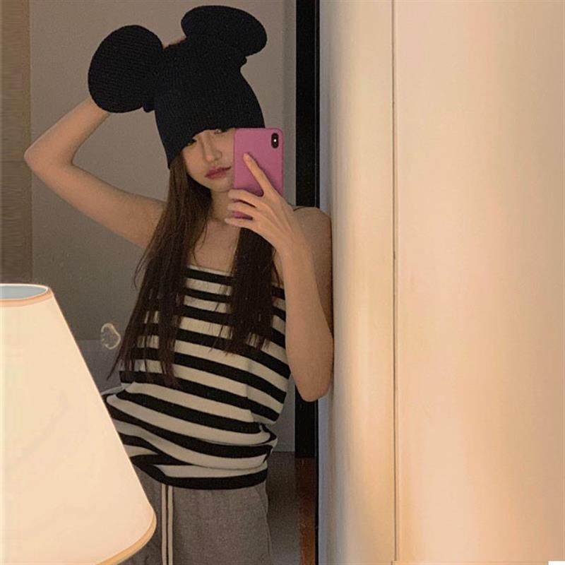 夏季新款黑白条纹外穿针织衫性感修身打底小背心短款抹胸上衣女装