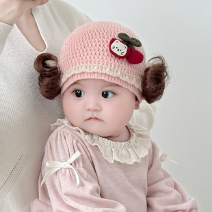 婴儿帽子秋冬季可爱公主满月假发辫子帽子婴幼儿女宝宝帽子小月龄