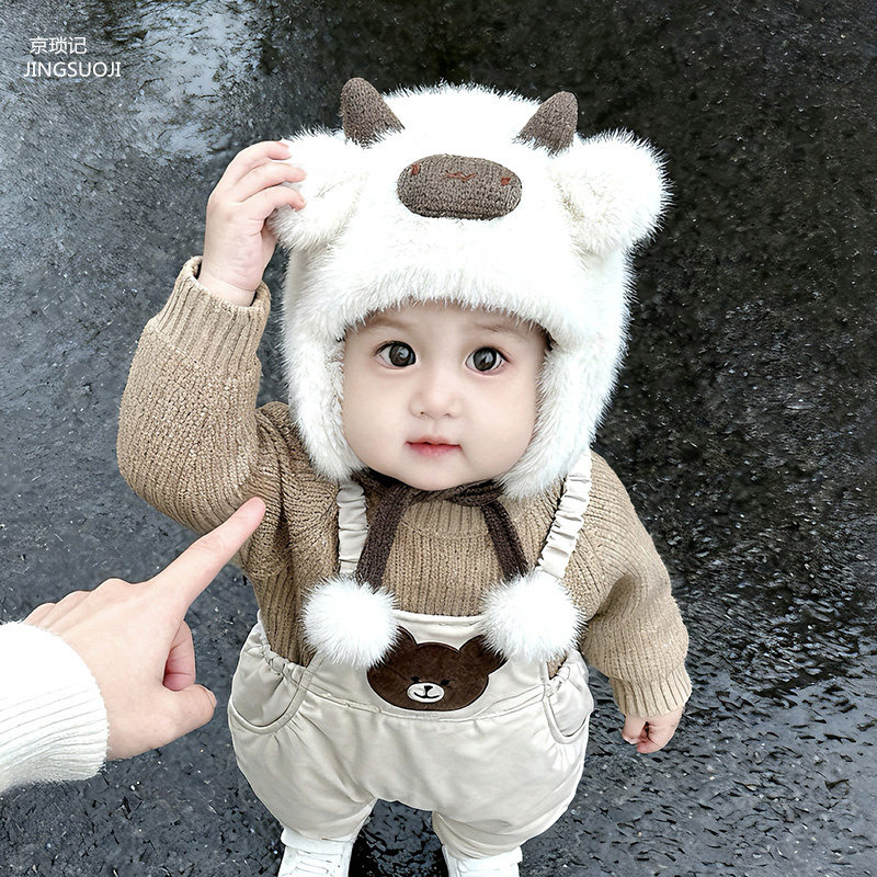 婴儿帽子秋冬毛绒帽男女宝宝可爱小熊护耳帽冬天婴幼儿保暖套头帽