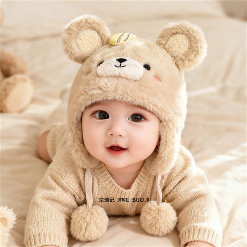 婴儿帽子秋冬季毛绒小熊帽宝宝可爱护耳帽婴儿外出加厚保暖包头帽,童装/婴儿装/亲子装,帽子,淘宝优惠券,粉丝福利购,淘宝优惠卷