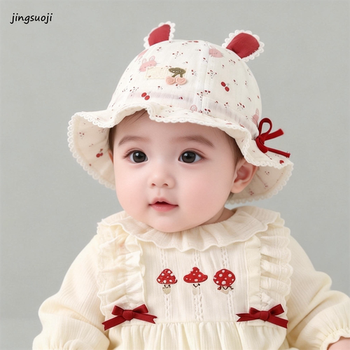 婴儿帽子春秋季女宝樱桃碎花渔夫