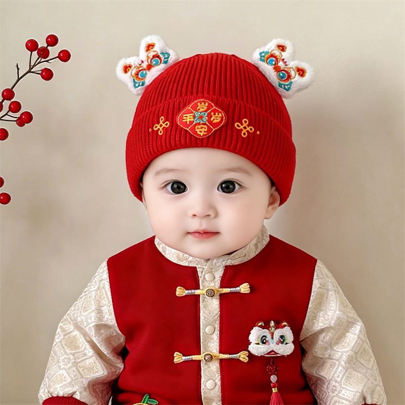 秋冬加厚保暖新年婴儿红色针织帽
