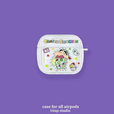 睡衣蜡笔小新彩色英文适用airpods4保护套可爱卡通挂件日系趣味恶搞二三四代苹果耳机壳pro2硅胶透明防摔软套