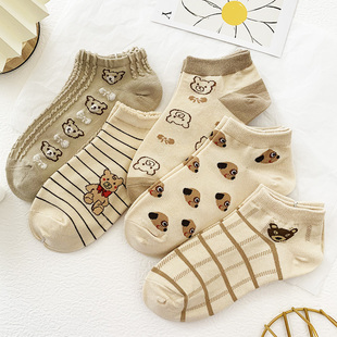 小熊袜子女短袜ins潮夏季 卡其色纯棉可爱日系卡通低帮船袜 薄款
