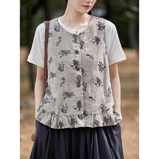 谷家 100%亚麻重工绣花高级感马甲背心 精致叠穿无袖显瘦女士外搭