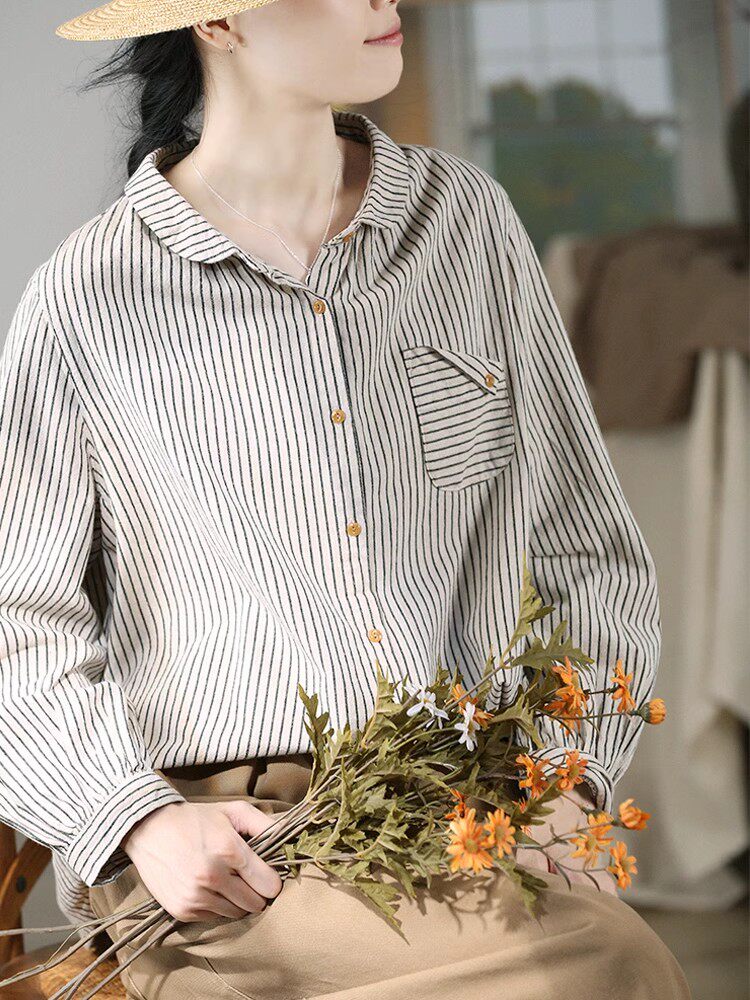彼得潘领复古棉麻长袖衬衫 条纹磨毛 原创文艺春款打底上衣