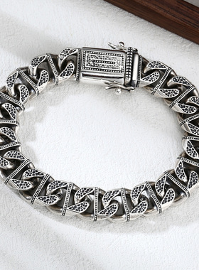 小众银饰男士925纯银手链国陨石坑古巴手链潮流泰银复古粗宽手环