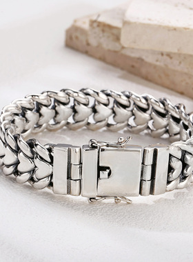 小众银饰925纯银霸气粗款坦克手链男女泰银复古做旧手环手镯手链