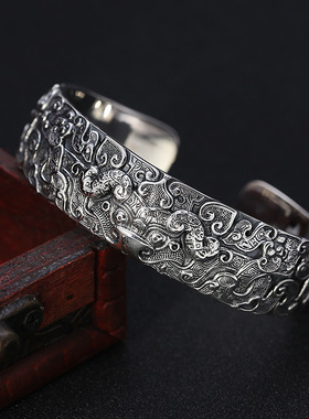 小众银饰s925纯银潮人个性宽版男士手环饰品泰银霸气貔貅手镯手链