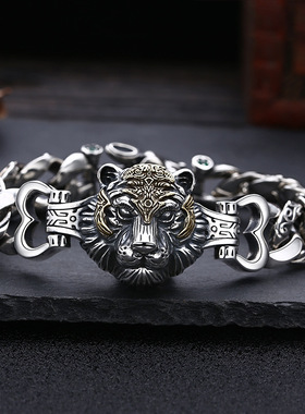 小众银饰男士925纯银手链老虎头粗款潮流个性泰银复古做旧手环