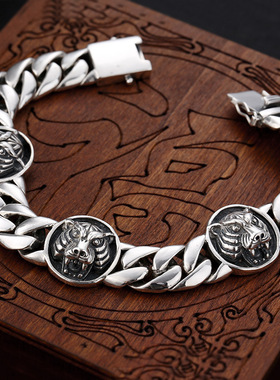 小众银饰s925纯银男士手链粗款老虎头霸气泰银时尚复古手环手镯
