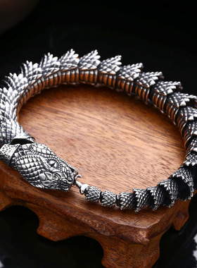 小众银饰925纯银手链粗款神龙男士蟒蛇手环泰银复古做旧手链银饰