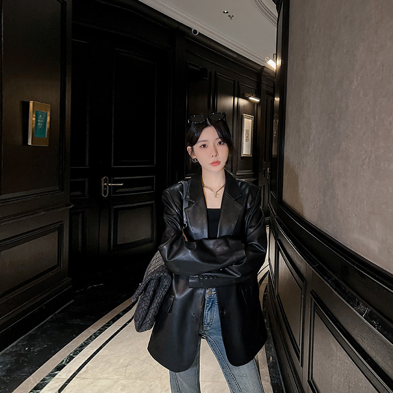 黑色pu皮衣外套女2025春秋新款韩版高级感气质宽松休闲小西服上衣,女装/女士精品,皮衣,淘宝优惠券,粉丝福利购,淘宝优惠卷