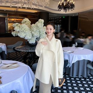 白色高端双面羊绒大衣女冬季新款韩版高级设计感宽松气质毛呢外套