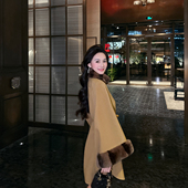 韩版 驼色高级感斗篷双面呢大衣女冬季 新款 宽松毛领气质羊毛呢外套