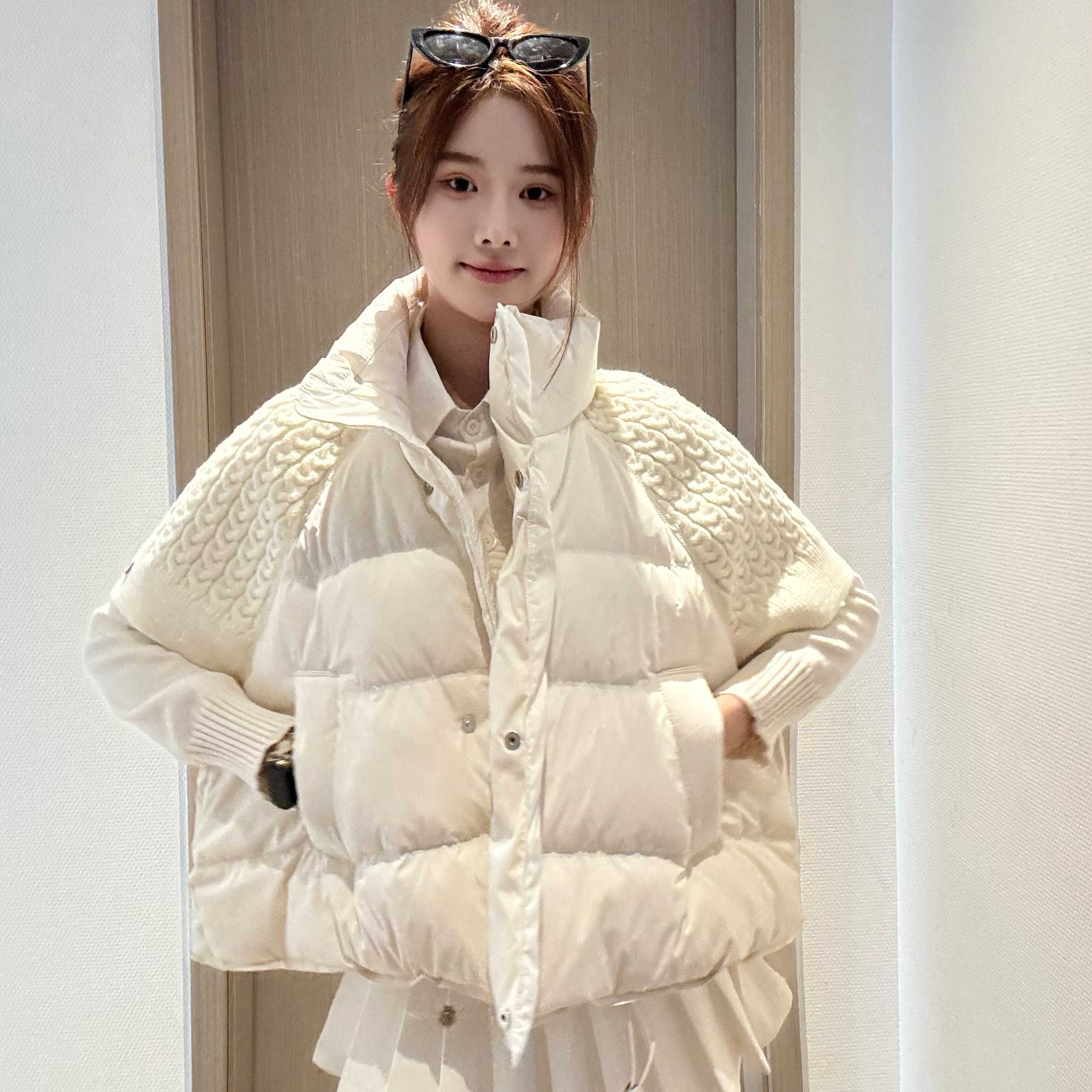 【SALE服饰】冬季韩系高级感时尚拼接针织短款保暖女羽绒