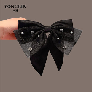 法式高端黑色大蝴蝶结头饰发夹女后脑勺发卡2025新款马尾弹簧顶夹