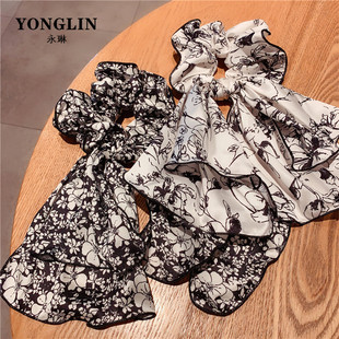 诠释高级感~黑白碎花发圈蝴蝶结发带气质飘带扎头发头绳皮筋发绳