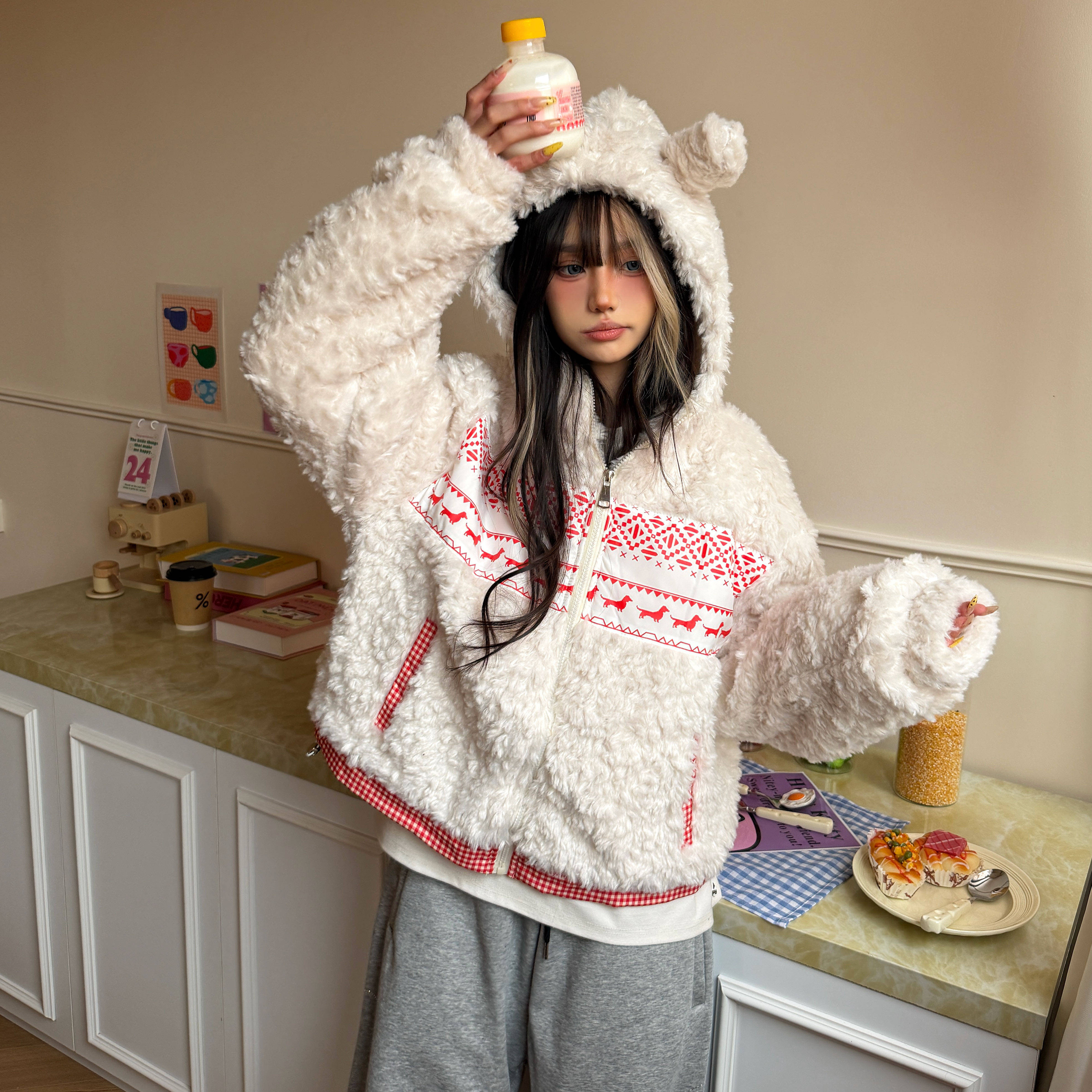 Amoeba复古费尔岛羊羔毛撞色可爱耳朵棉衣外套宽松加厚冬季棉服,女装/女士精品,棉衣/棉服,淘宝优惠券,粉丝福利购,淘宝优惠卷