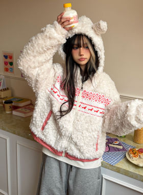 Amoeba复古费尔岛羊羔毛撞色可爱耳朵棉衣外套宽松加厚冬季棉服