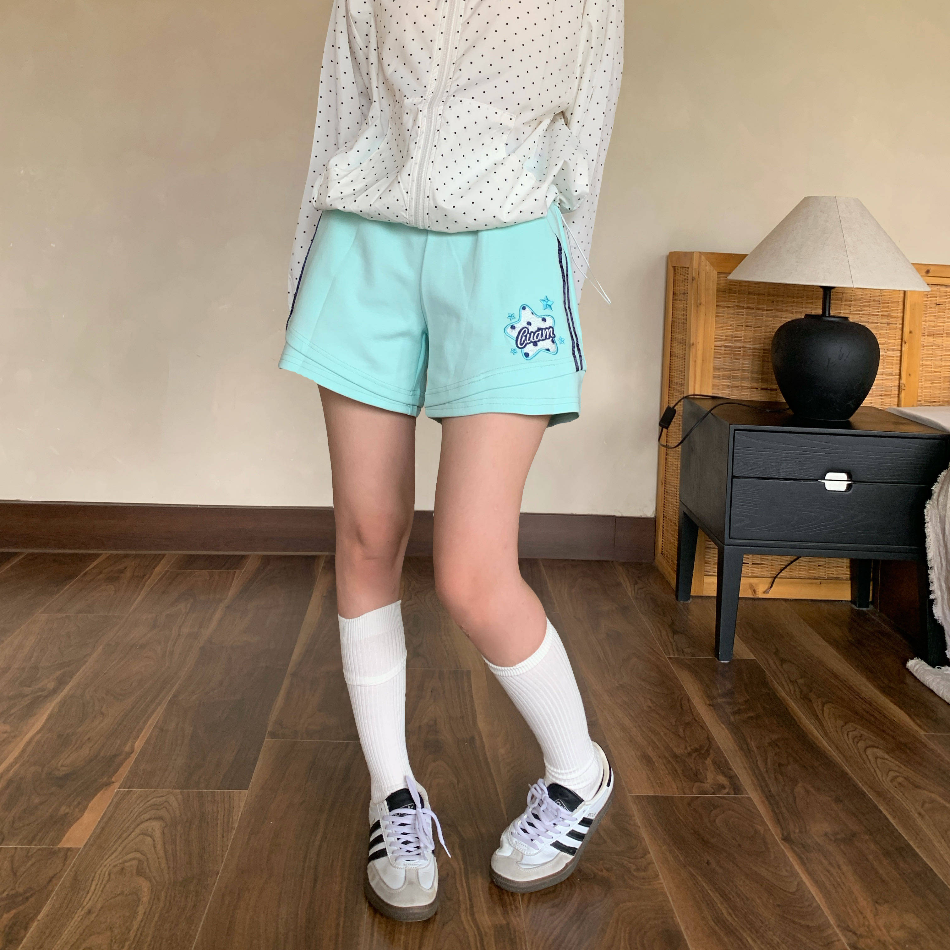 星星刺绣拼接三分裤女