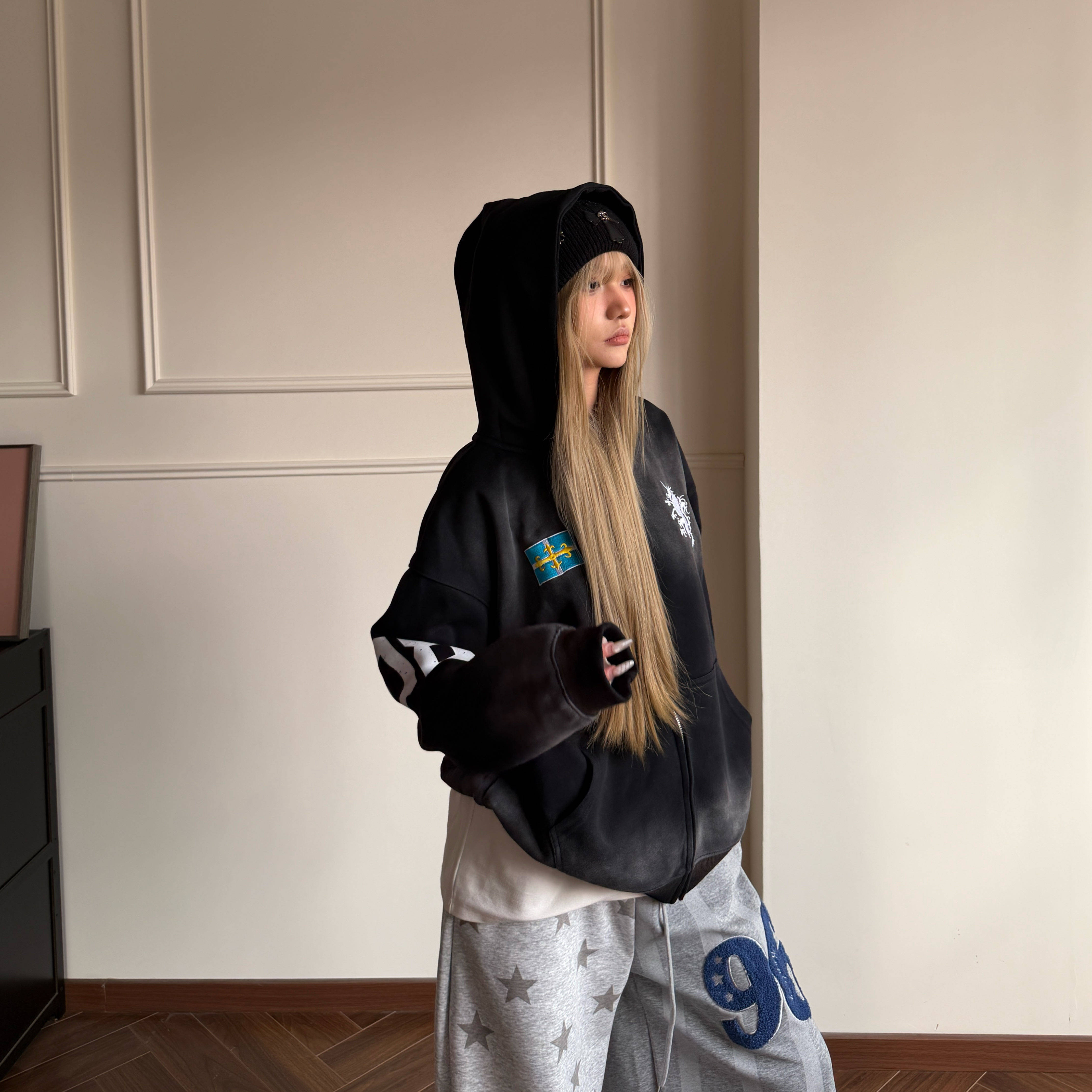 Amoeba美式复古水洗做旧喷脏设计感刺绣连帽卫衣拉链开衫男女外套