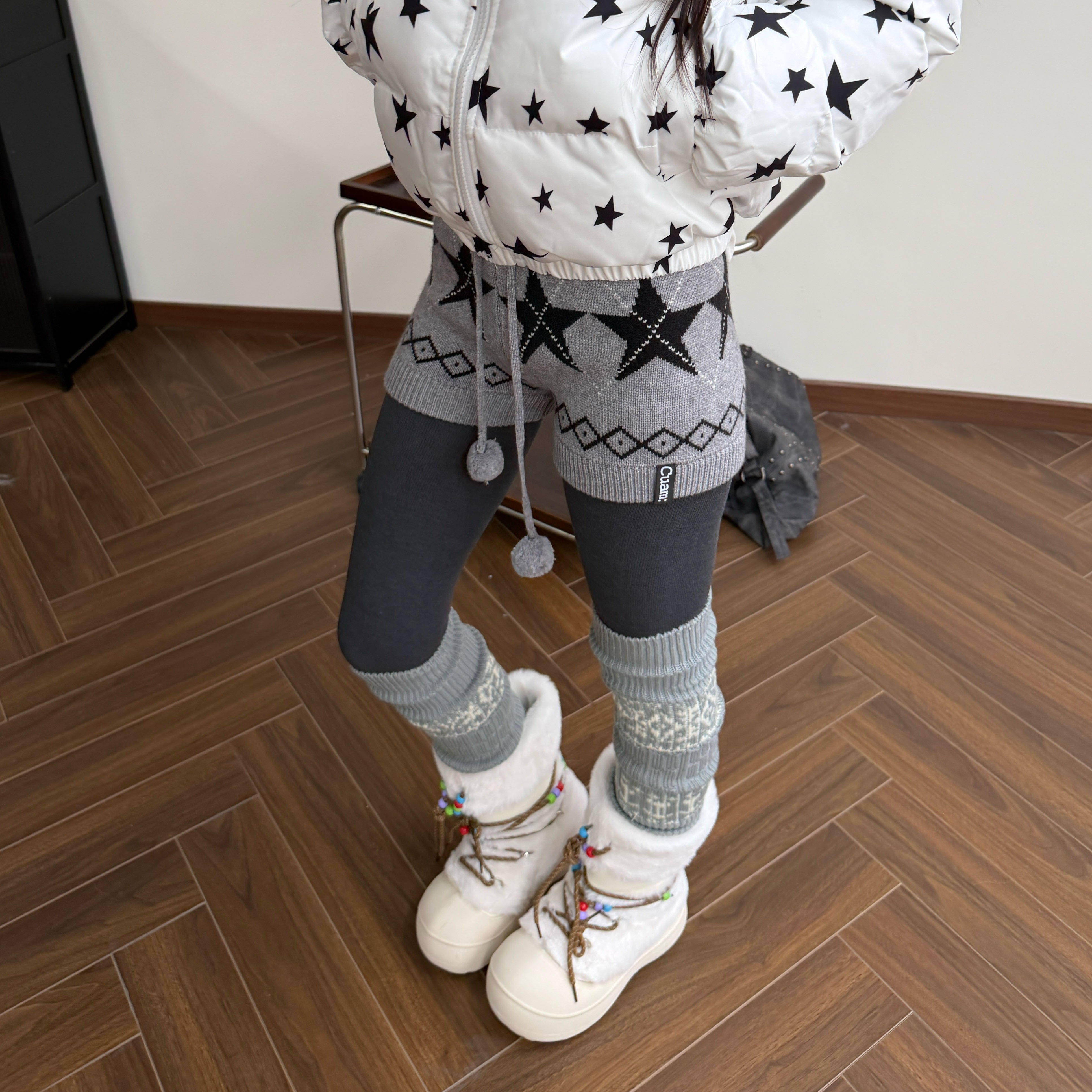 Amoeba美式复古星星菱格包臀短裤女高腰毛球系带复古针织收腰热裤