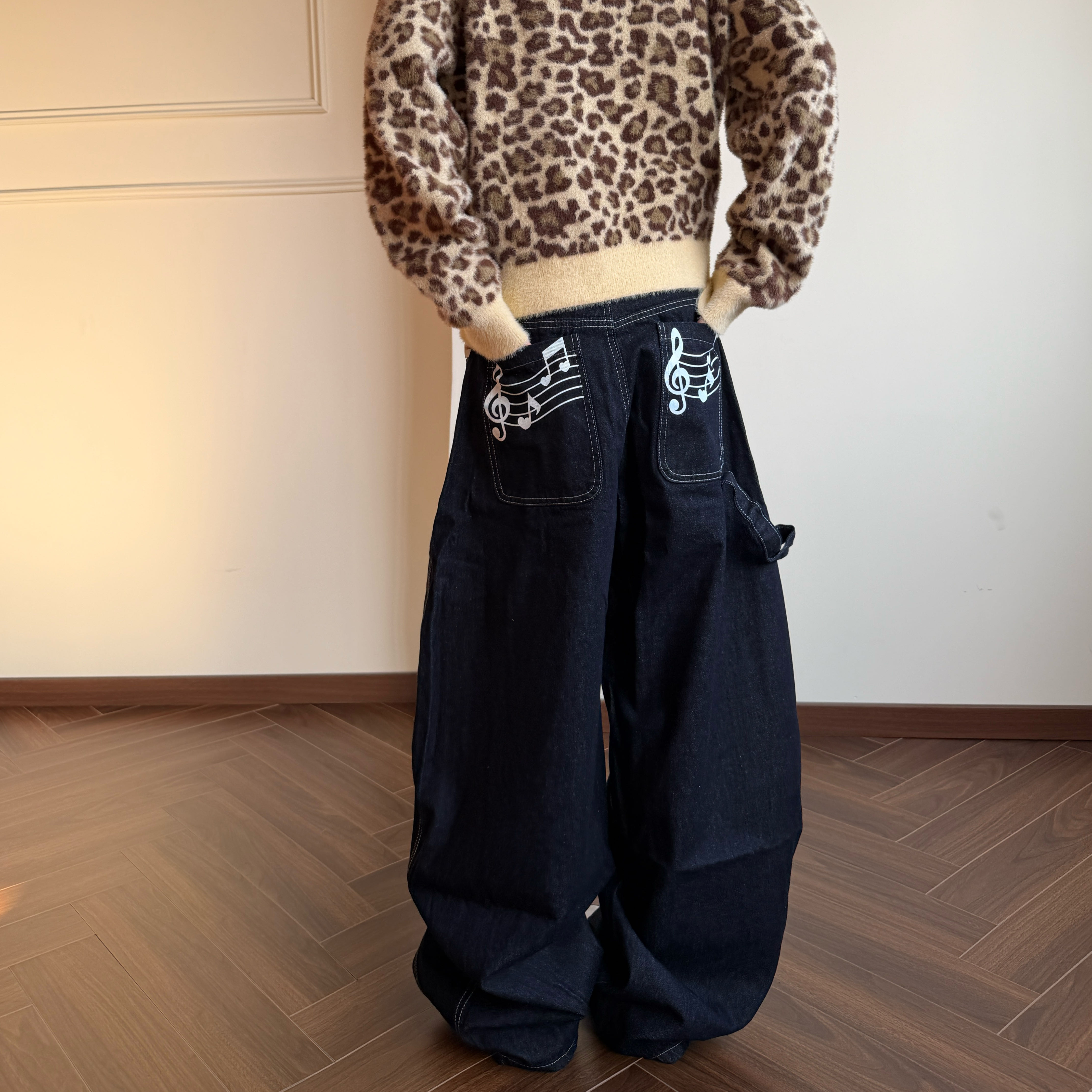 Amoeba美式复古音符印花宽松阔腿弯刀廓形牛仔裤男女街头百搭长裤