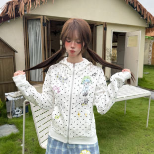 Amoeba可爱Y2K轻亚波点卡通少女印花恶魔小角连帽卫衣拉链外套女