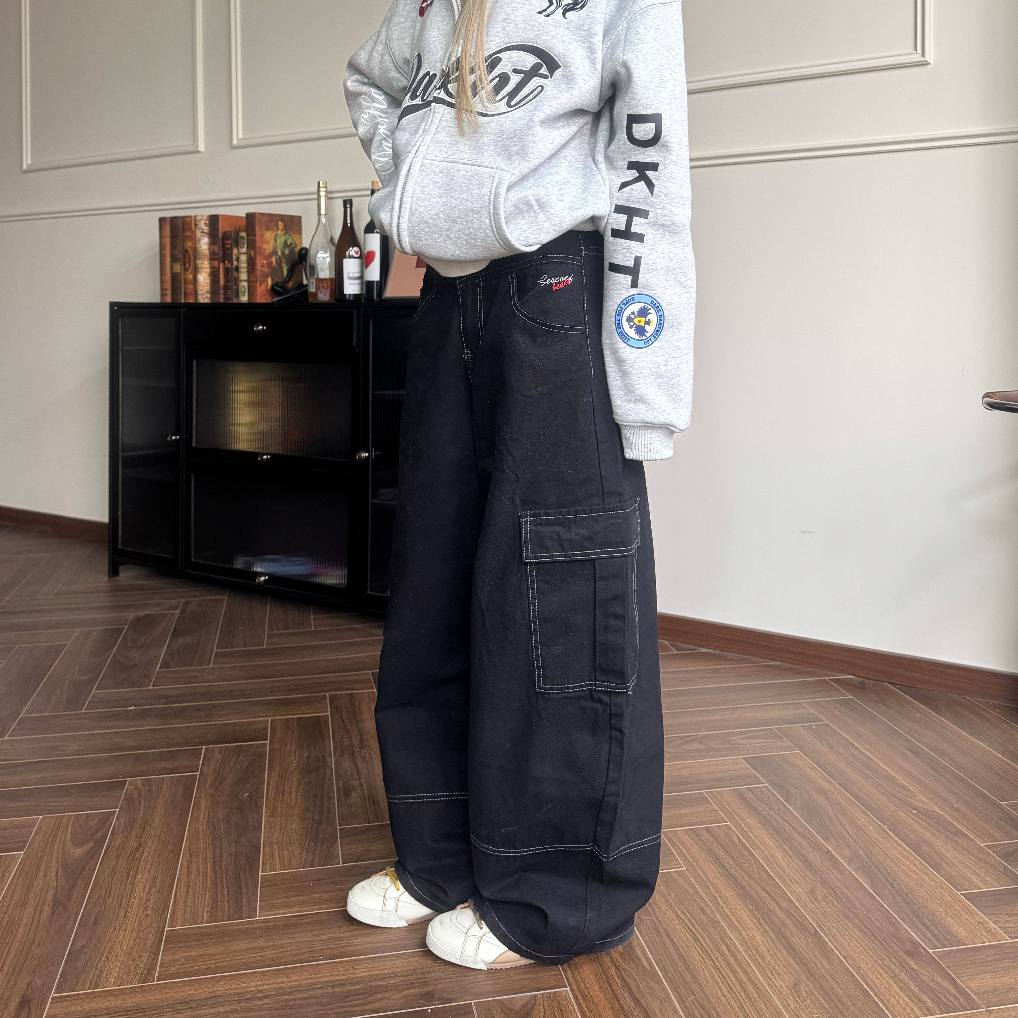 Amoeba美式复古刺绣小标宽松阔腿大口袋工装裤男女百搭休闲长裤