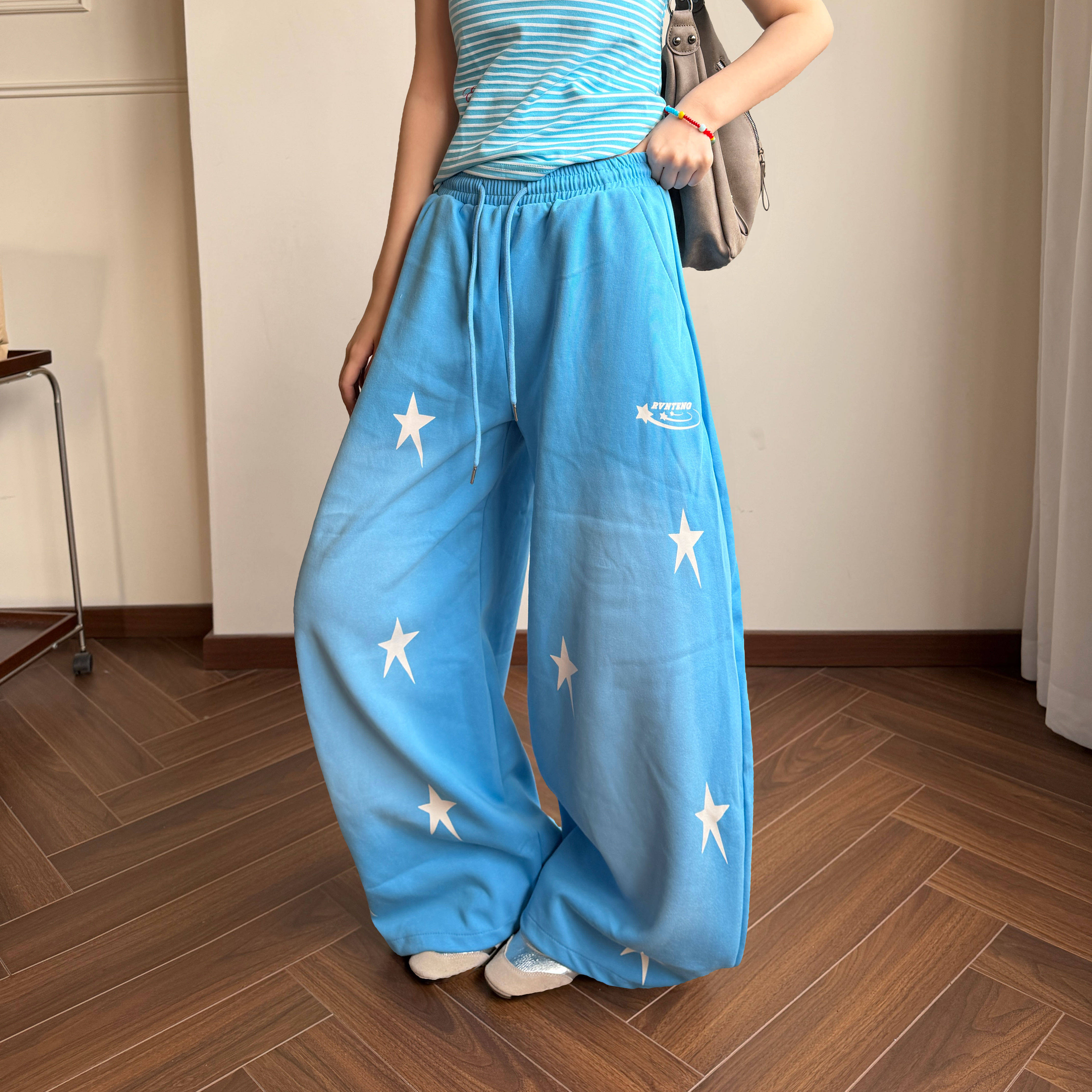 Amoeba美式复古水洗做旧星星印花宽松休闲设计感卫裤女阔腿长裤
