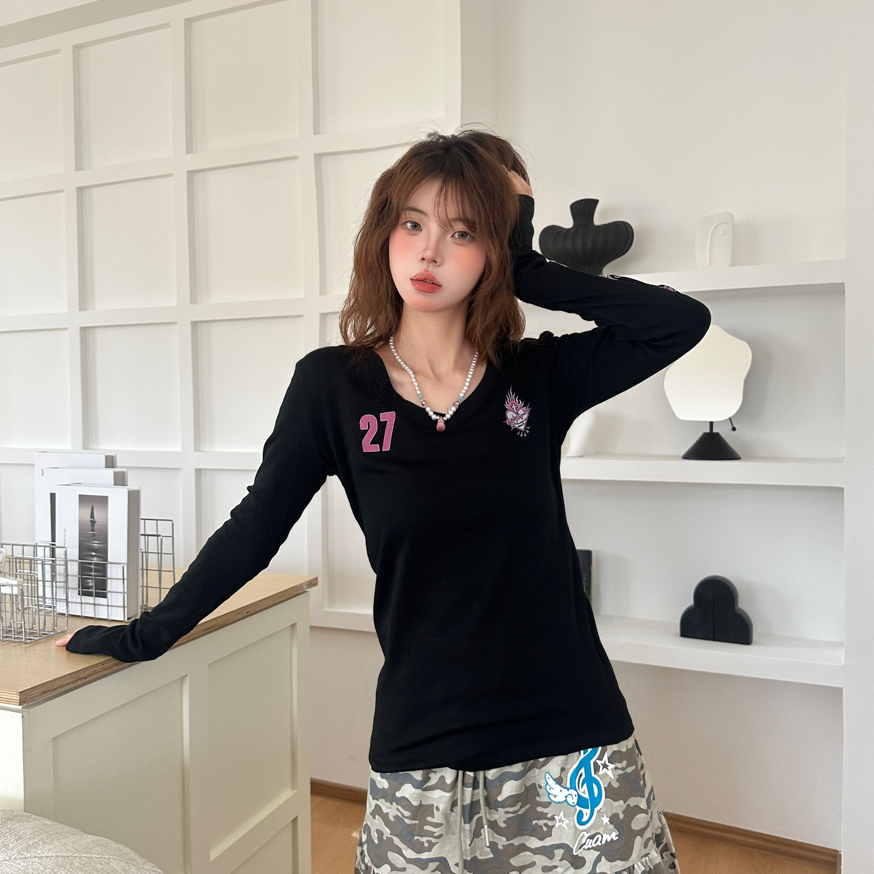 美式复古梵文十字修身长袖