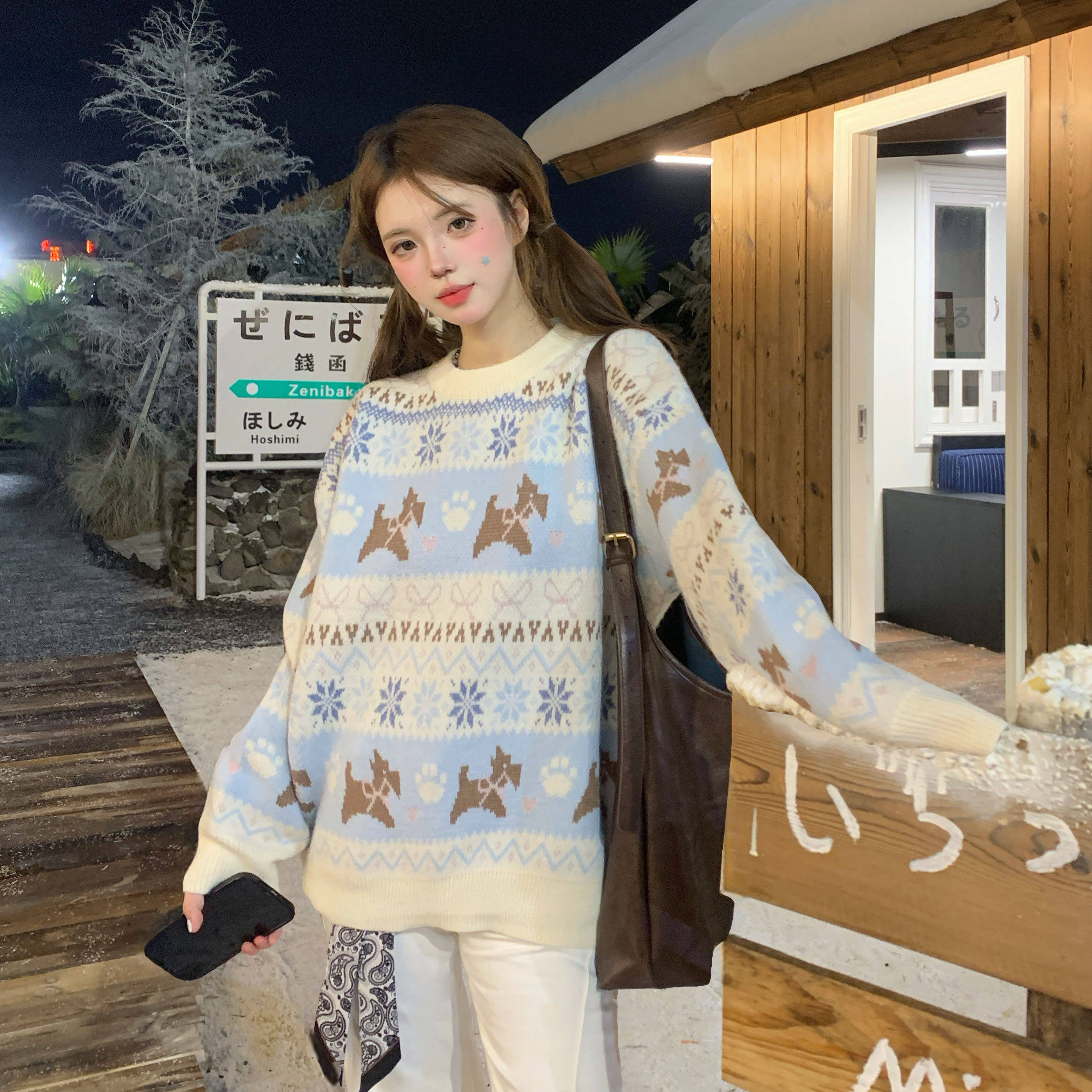 Amoeba美式复古慵懒费尔岛毛衣小狗提花圆领针织衫秋季宽松上衣女