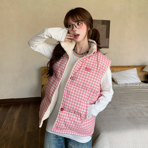 美式甜酷格纹波点羊羔绒棉服马甲