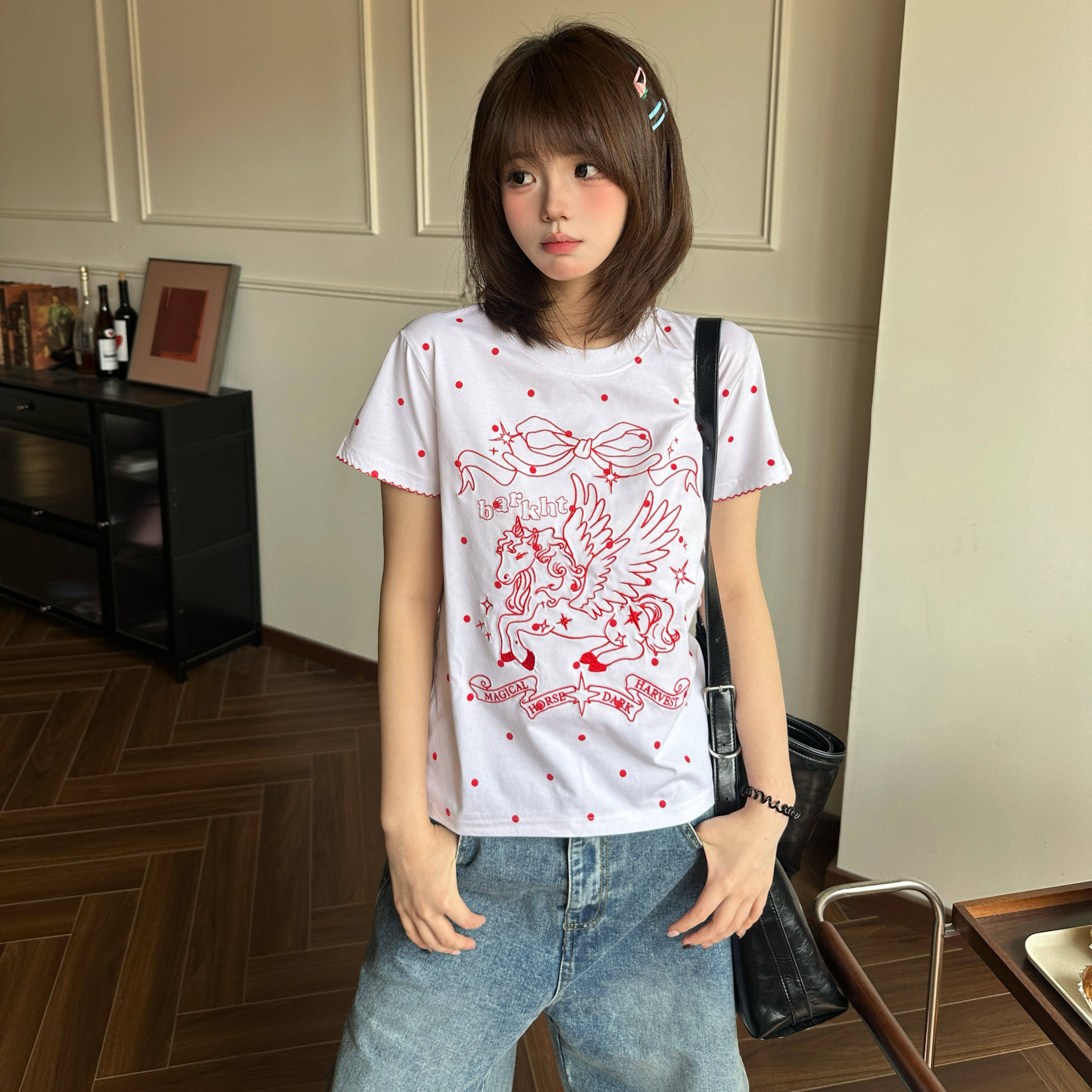 Amoeba复古满印波点花边刺绣正肩短款T恤女夏季新款宽松直筒短袖