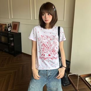 Amoeba复古满印波点花边刺绣正肩短款T恤女夏季新款宽松直筒短袖