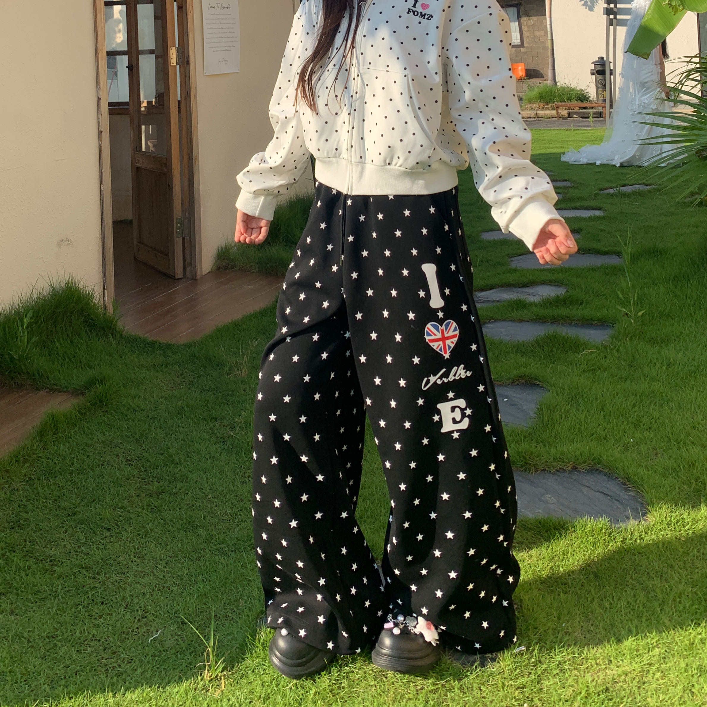 Amoeba美式复古满印星星印花宽松阔腿抽绳直筒休闲卫裤女百搭长裤