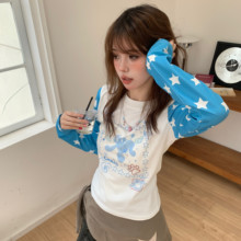Amoeba美式复古Y2K轻亚撞色星星印花短款长袖女2025早秋新款T恤