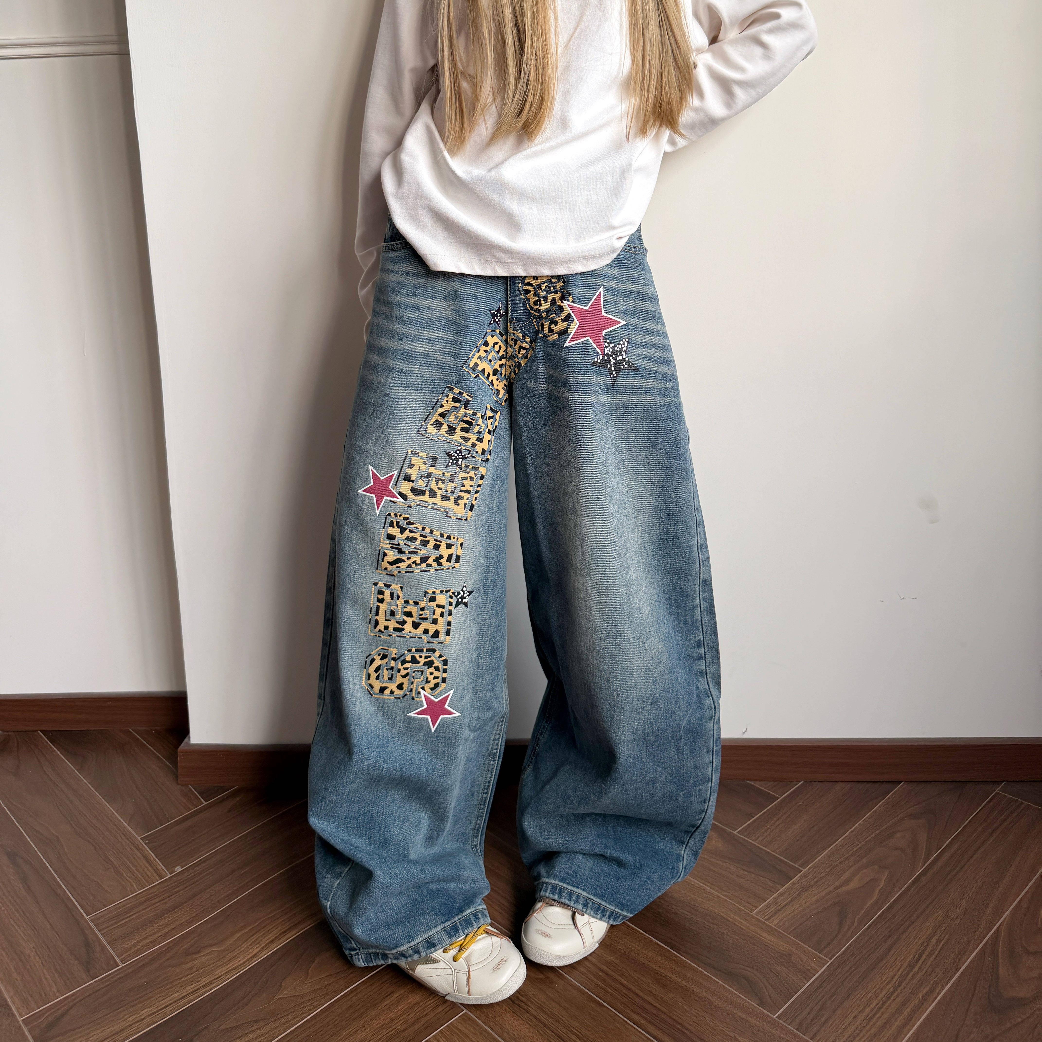 Amoeba美式复古水洗做旧豹纹字母星星宽松阔腿弯刀牛仔男女长裤