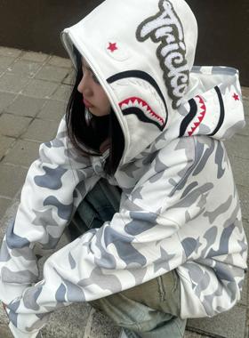 Amoeba美式复古双帽迷彩连帽卫衣拉链开衫原创国潮秋季男女外套